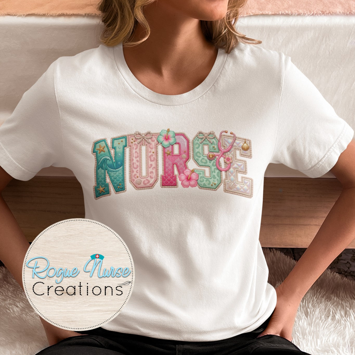 Mermaid Ocean Beach Vibe Nurse Graphic T-shirt, Cute faux shimmer Nurse Shirt