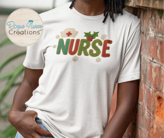 NURSE Faux Yarn Graphic Print T-Shirt, Nurse Crew Holiday T-Shirt, Nurse Gift, Cute Faux Knitted Nurse Christmas Shirt for The Holidays