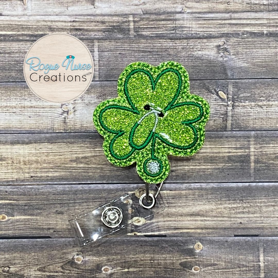 Shamrock Stethoscope St Patrick’s Day Embroidered Retractable Badge Reel, Healthcare Green Shamrock Badge Buddy