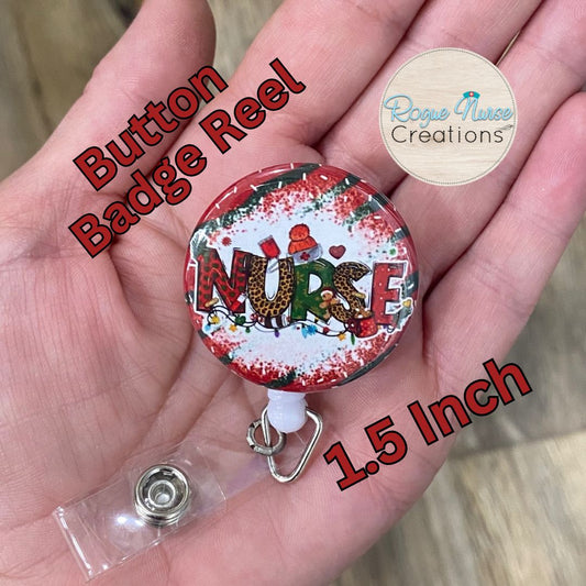 NURSE Christmas Button Style Retractable Badge Reel, Festive Background, Holiday Button Badge Holder For Nurses, Badge Buddy