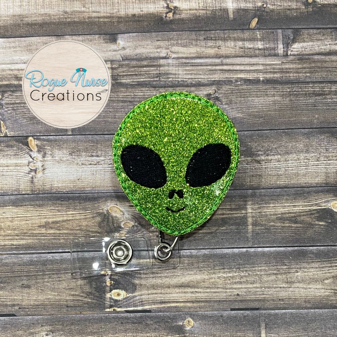 Glitter Green Space Alien Head Embroidered Retractable Badge Reel, Space Creature, Science Badge Buddy, Alien Abduction