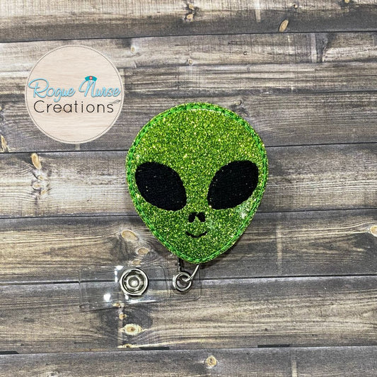 Glitter Green Space Alien Head Embroidered Retractable Badge Reel, Space Creature, Science Badge Buddy, Alien Abduction