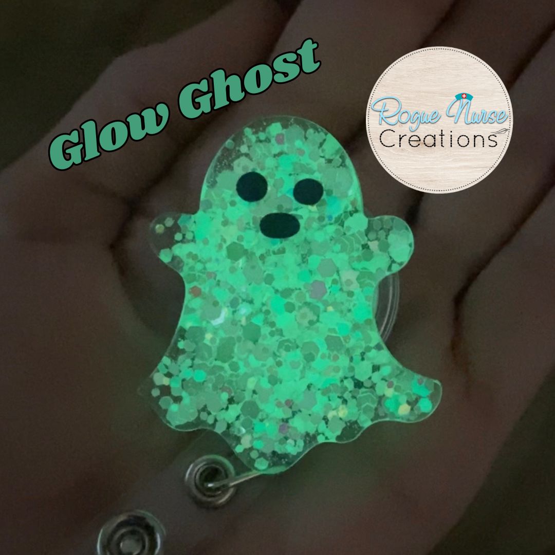 GLOW Iridescent Glitter Acrylic Epoxy Ghost Retractable Badge Reel, Halloween Badge Reel, Friendly Ghost, Glowing Ghost Badge Holder