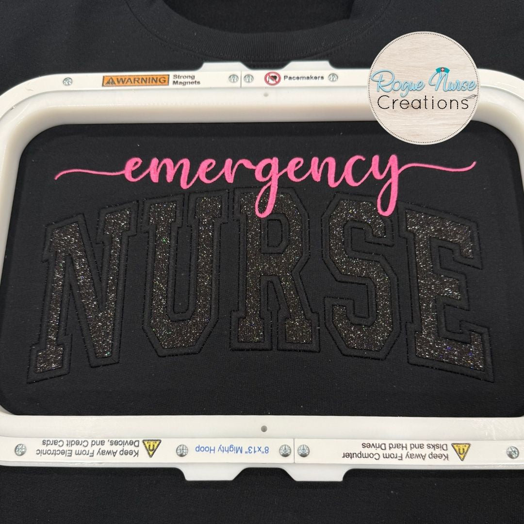 Black Glitter Appliqué Emergency Nurse Embroidered Sweatshirt, Black Pullover Sweater with Custom Color Embroidered Emergency Specialty.