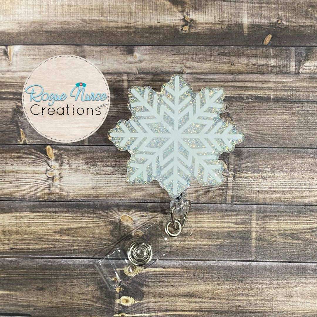 White Glitter Snowflake Acrylic/Epoxy Retractable Badge Reel, Winter, Christmas Holiday Badge Holder