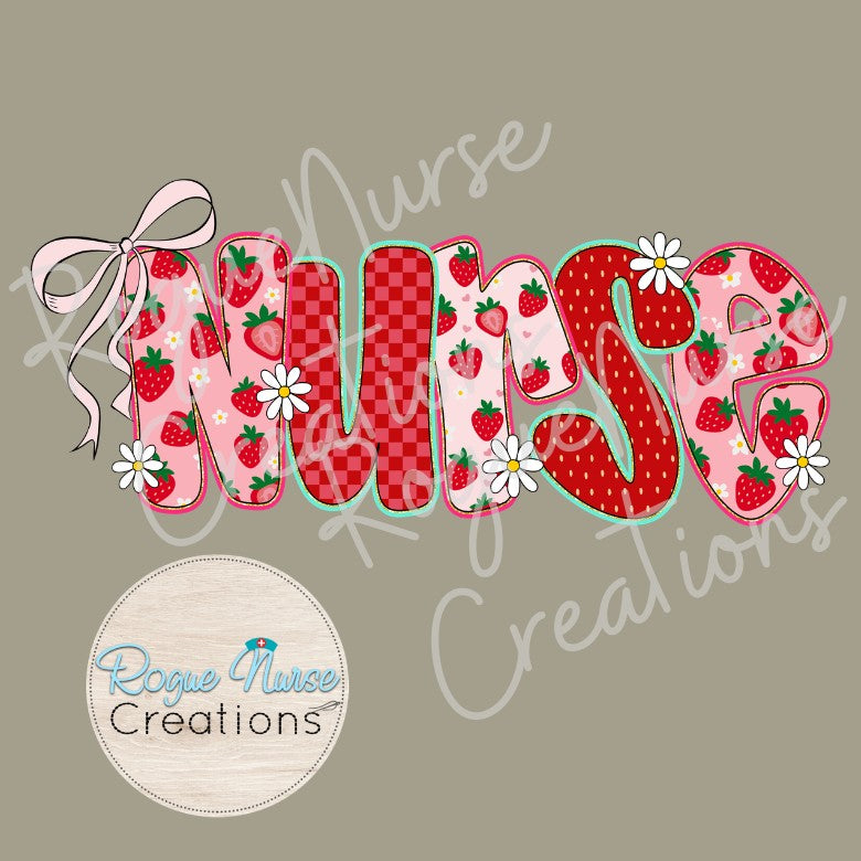 Strawberry Nurse Graphic T-shirt, faux appliqué printed Nurse Shirt