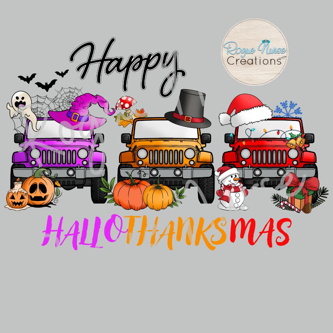 Merry HALLOTHANKSMAS Graphic T-Shirt, Jeep  Holiday Graphic T-Shirt, Nurse Holiday Gift, Halloween Nurse Graphic T-Shirt, Cute Holiday Shirt