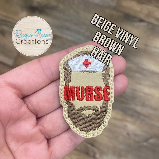 MURSE Embroidered Badge Reel, Male Nurse on Matte Beige Vinyl with Brown Beard Retractable Badge Reel, Nurse Badge Reel, Nurse Gift