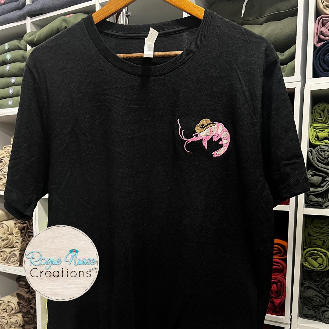 Cowboy Shrimp Embroidered T-Shirt, Cute Shrimp Wearing a Cowboy Hat, Embroidered on The Left Chest, Funny YeeHaw Shrimp Embroidered T-Shirt