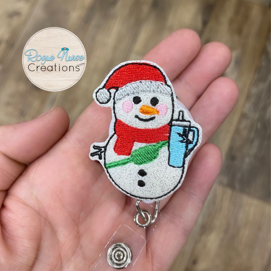 White Glitter Boujee Snowman Holding a Tumbler And Wearing a Crossbody Bag Retractable Badge Reel, Holiday Embroidered Snowman Badge Buddy