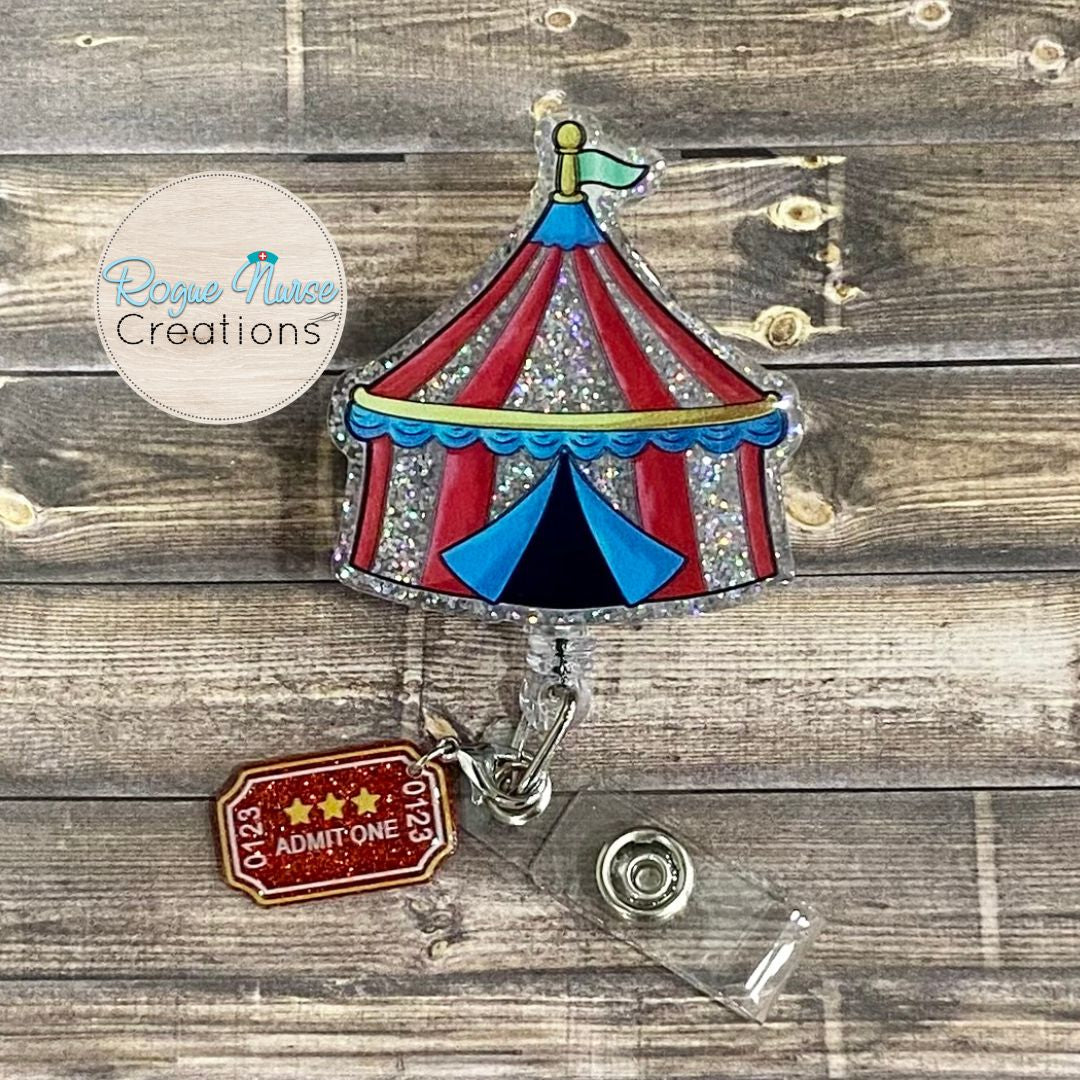 Circus Tent with Dangle Admit One Ticket Glitter Acrylic/Epoxy Retractable Badge Reel, Circus Theme Work Environment Badge Holder,Cute Badge