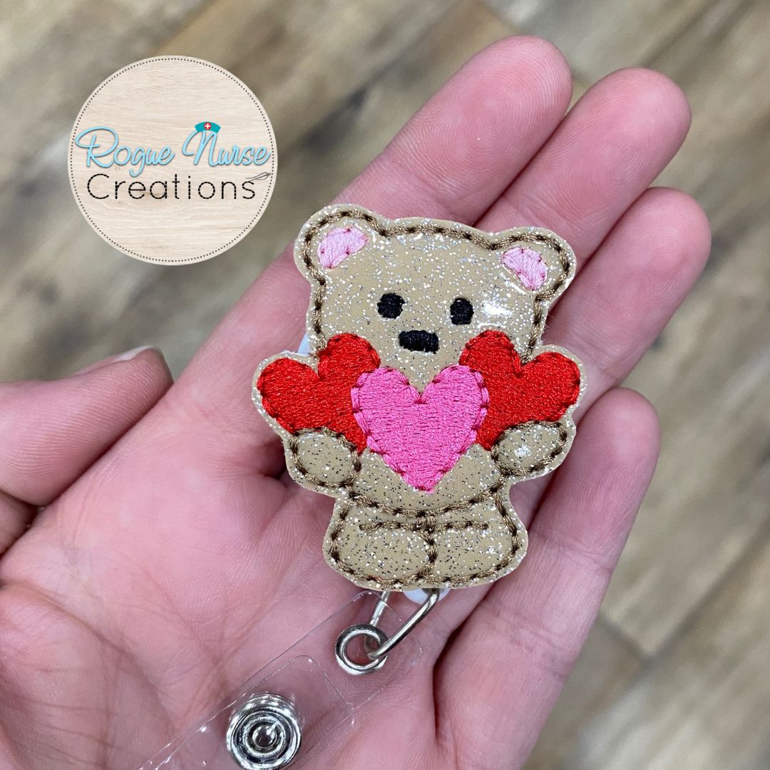 Brown Teddy Bear Holding Red and Pink Hearts Embroidered Valentines Day Retractable Badge Reel, Valentine Day Glitter Retractable Badge Reel