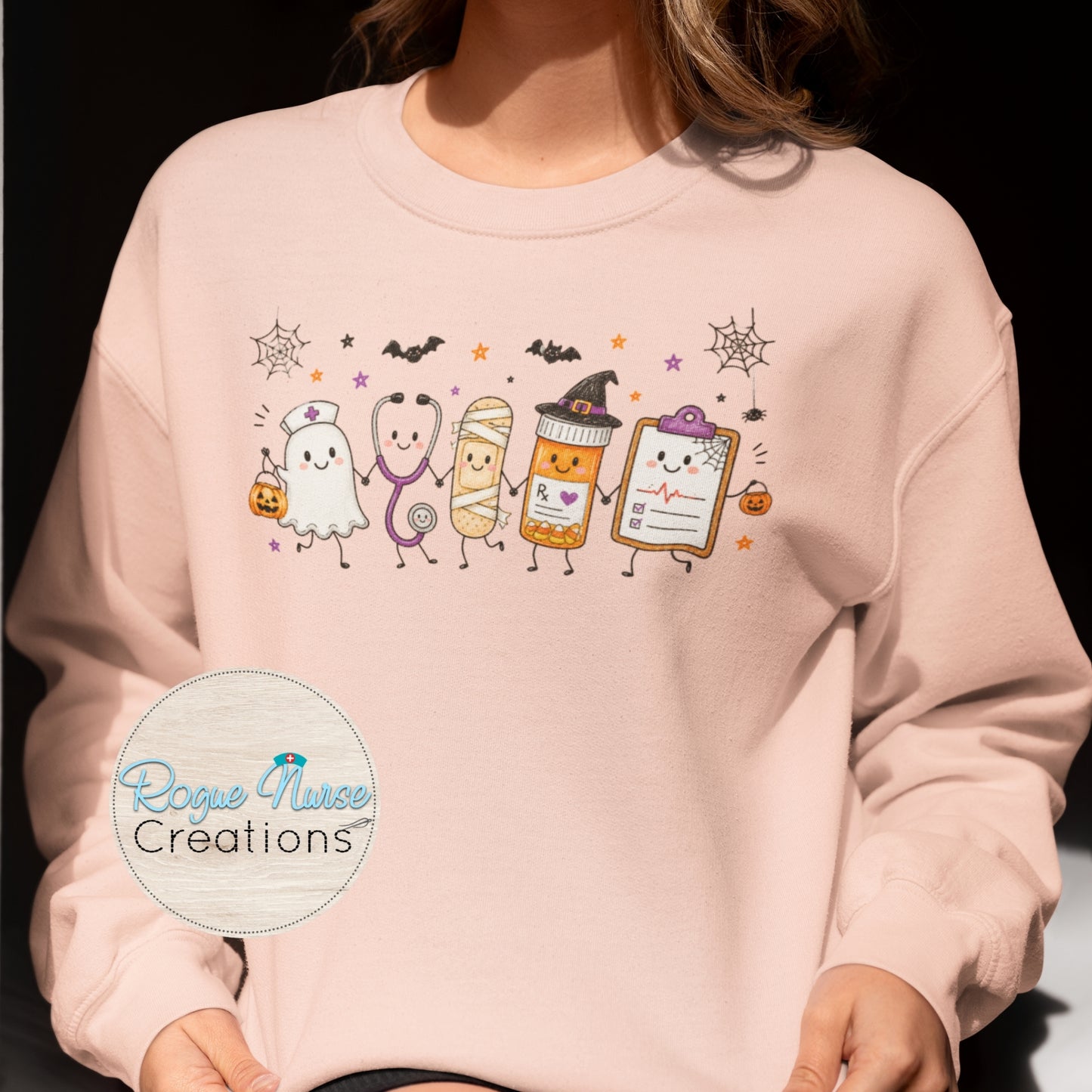 Ghost Nurse With Halloween Supplies Doodle Graphic Sweatshirt, Nurse Crew Shirt, Nurse Pullover, Nurse Gift, Cute Nurse Ghost Halloween