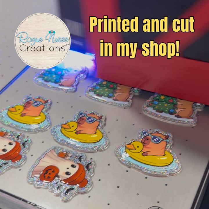 Capybara in a Yellow Duck Floaty Retractable Badge Reel, UV Printed on Silver Glitter Acrylic