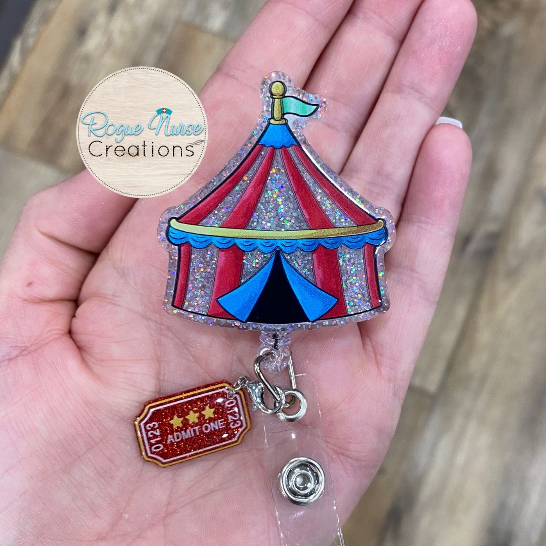 Circus Tent with Dangle Admit One Ticket Glitter Acrylic/Epoxy Retractable Badge Reel, Circus Theme Work Environment Badge Holder,Cute Badge