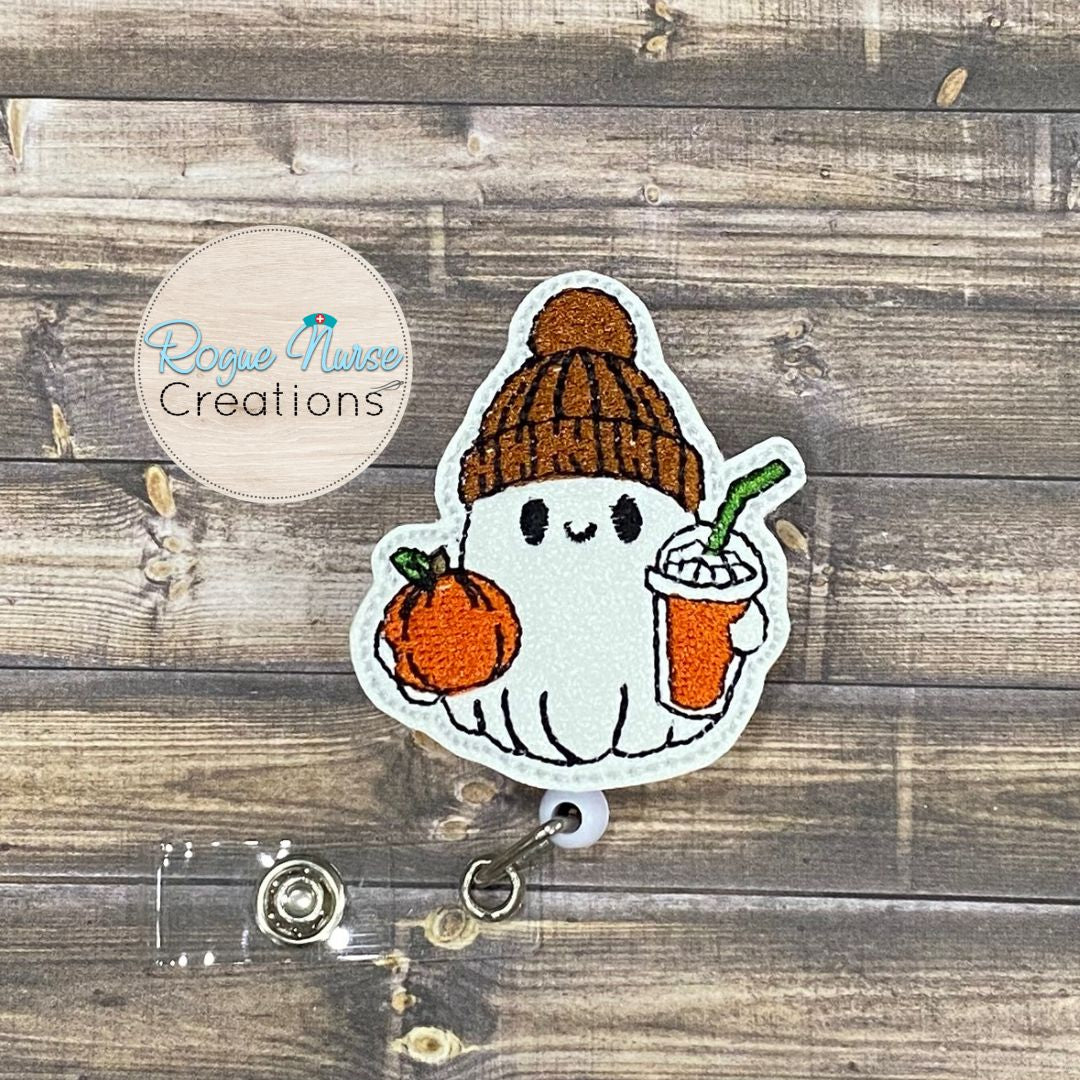 Ghost Wearing a Beanie Hat With a Pumpkin and an Ice Coffee Retractable Badge Reel, Halloween Ghost Badge Holder, MRI Safe Badge Option