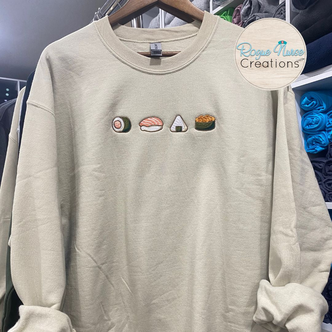 Sushi Embroidered Sweatshirt, Four Pieces of Sushi on a Pullover Sweater, Yummy looking Sushi Rolls Embroidered Gildan Sweatshirt