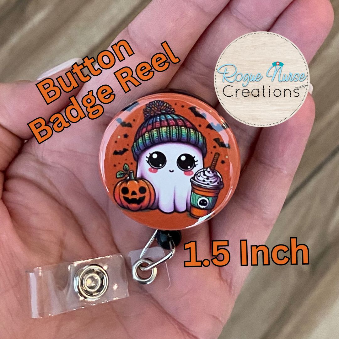 Ghost Wearing a Colorful Beanie, Holding a Pumpkin and ICE Coffee on an ORANGE Background Button Style Retractable Button Badge Holder, Halloween Badge Reel, Cute Ghost Badge Holder