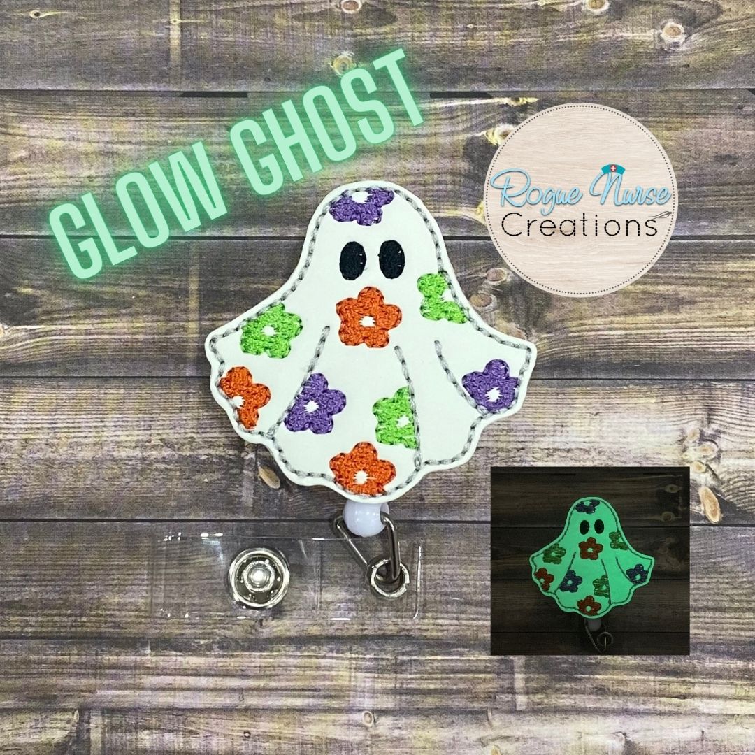 GLOW Embroidered Ghost Wearing a floral Sheet Retractable Badge Reel, Halloween Badge Reel, Friendly Ghost, MRI Safe Badge Option