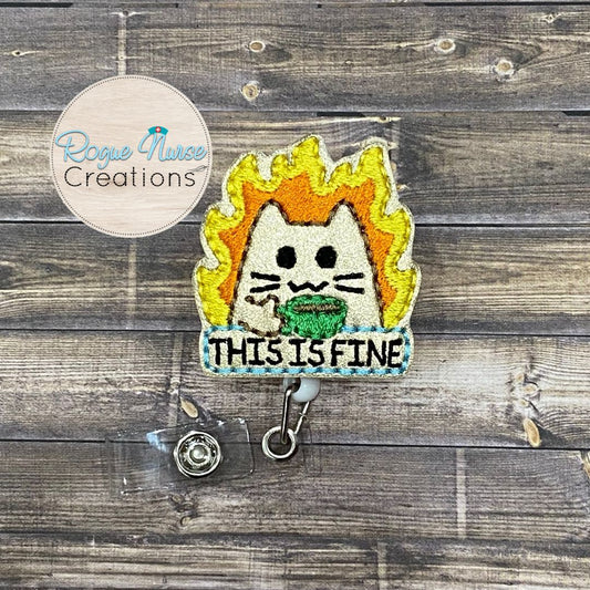 Crackling Fire Coffee Cat Embroidered Retractable Badge Reel, Cat Holding Coffee Surrounded By Flames Badge Reel