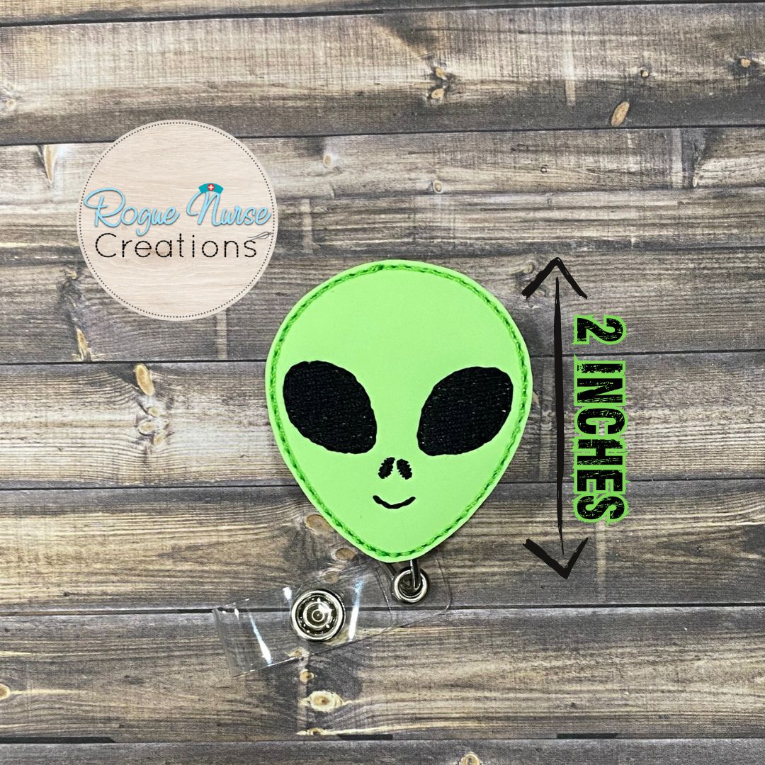 Glow in The Dark, Light Green Space Alien Head Embroidered Retractable Badge Reel, Space Creature, Science Badge Buddy, Alien Abduction