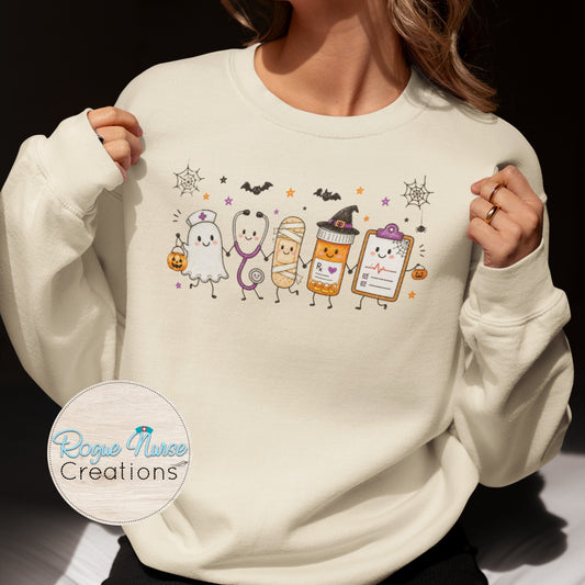 Ghost Nurse With Halloween Supplies Doodle Graphic Sweatshirt, Nurse Crew Shirt, Nurse Pullover, Nurse Gift, Cute Nurse Ghost Halloween