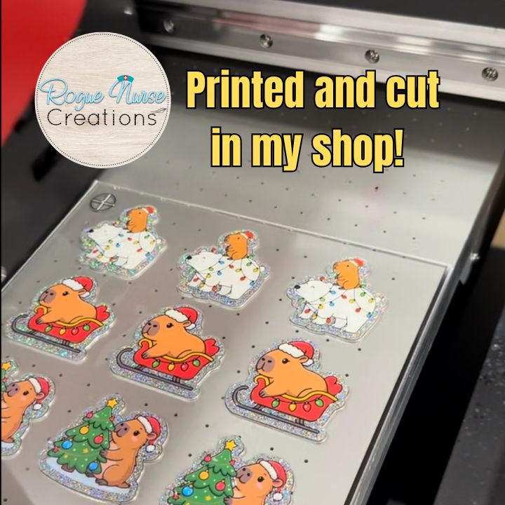 Capybara Riding a Polar Bear Decorated With Holiday Lights Wearing a Santa Hat Retractable Badge Reel, UV Printed on Silver Glitter Acrylic