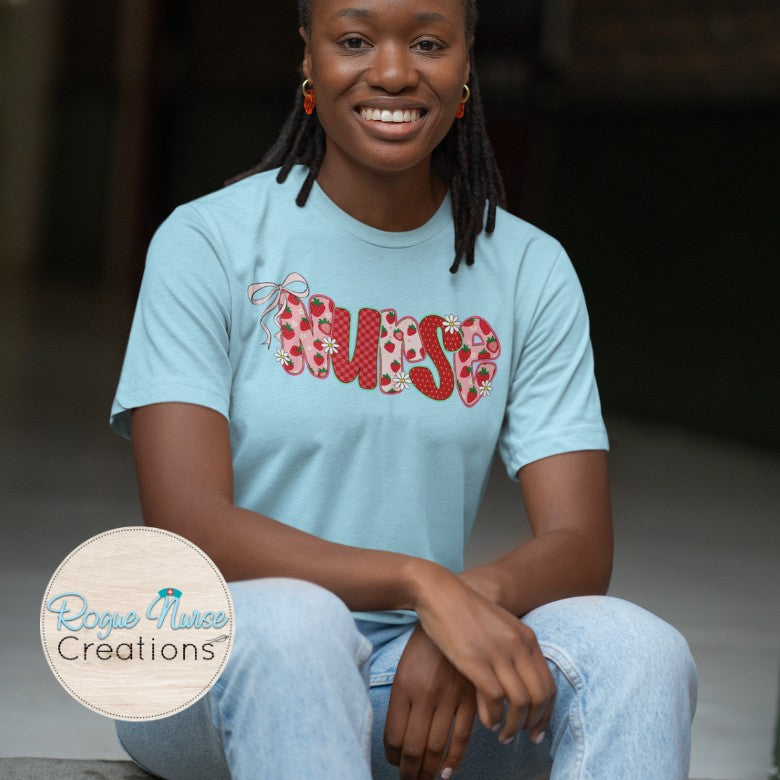 Strawberry Nurse Graphic T-shirt, faux appliqué printed Nurse Shirt