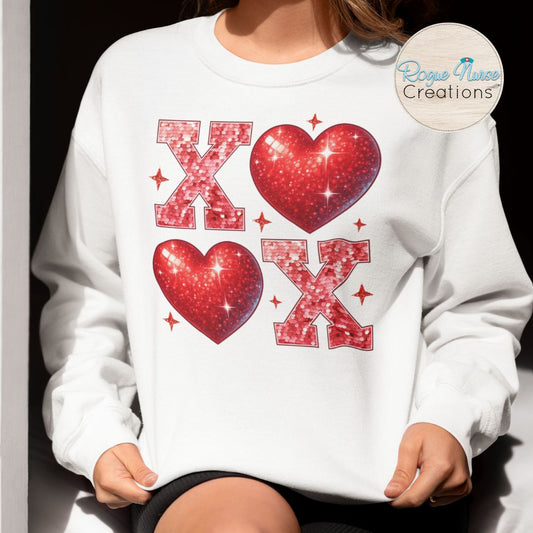 Valentines Day Glittery Looking XOXO Graphic Sweatshirt, Sparkly looking Valentines Day Pullover, Nurse gift, Hugs and Kisses Shirt