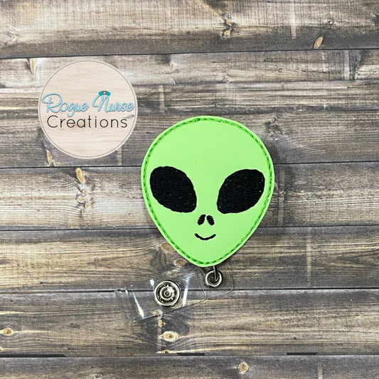 Glow in The Dark, Light Green Space Alien Head Embroidered Retractable Badge Reel, Space Creature, Science Badge Buddy, Alien Abduction