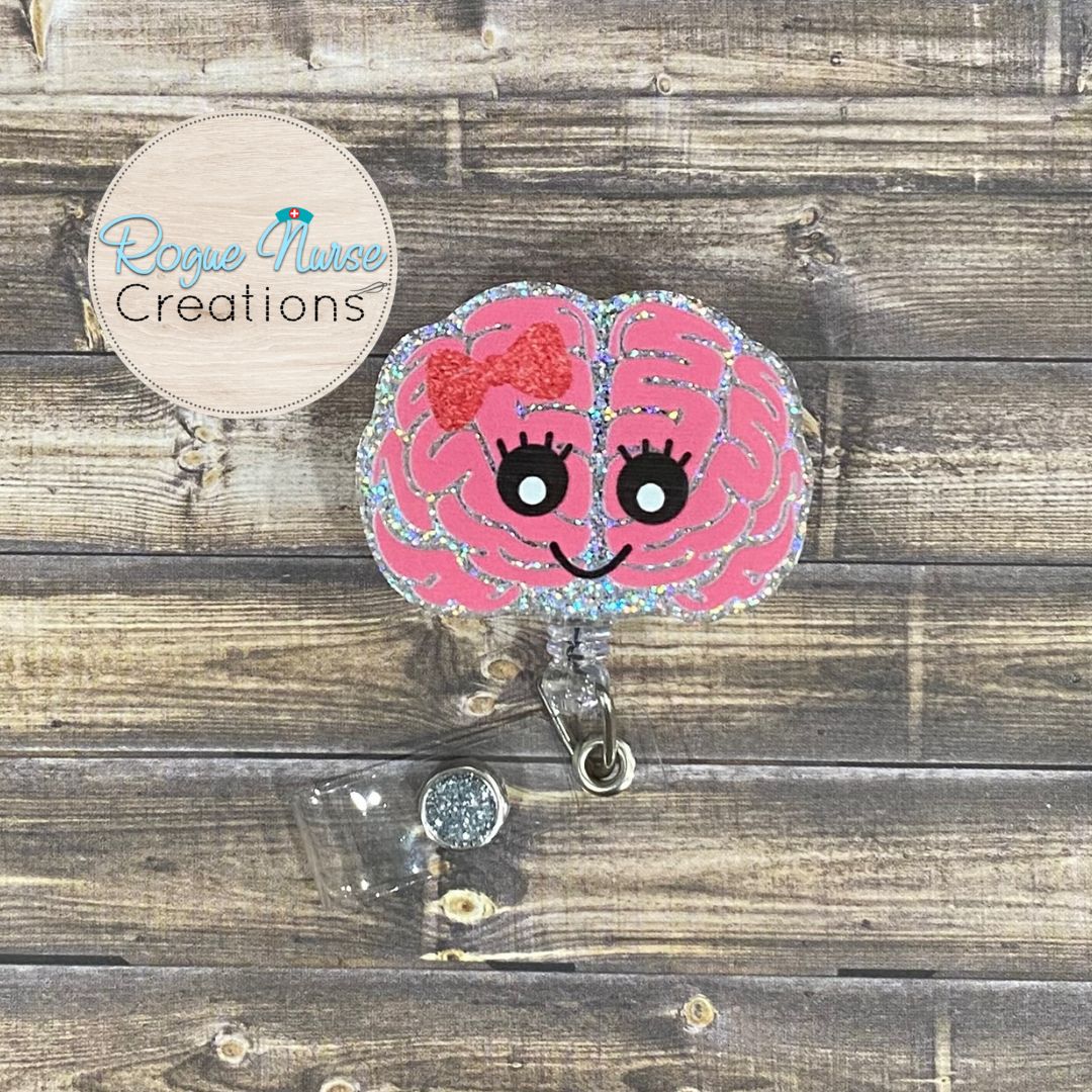 Pink Glitter Brain Acrylic/Epoxy Retractable Badge Reel, Neurology Nurse Teacher Gift, Cute Brain Badge Buddy, Science Badge Reel