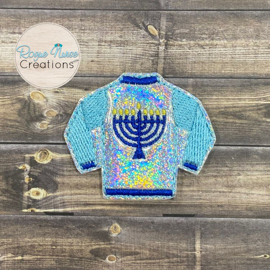 Holiday Sweater Retractable Badge Reel, Holographic Silver Glitter With Blue Sleeves and a Menorah in the Middle! Hanukkah Sweater!