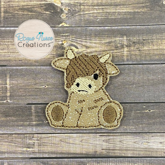 Highland Cow Embroidered Retractable Badge Reel, Beige Glitter Highland Cow Badge Buddy, Spring Badge Reel