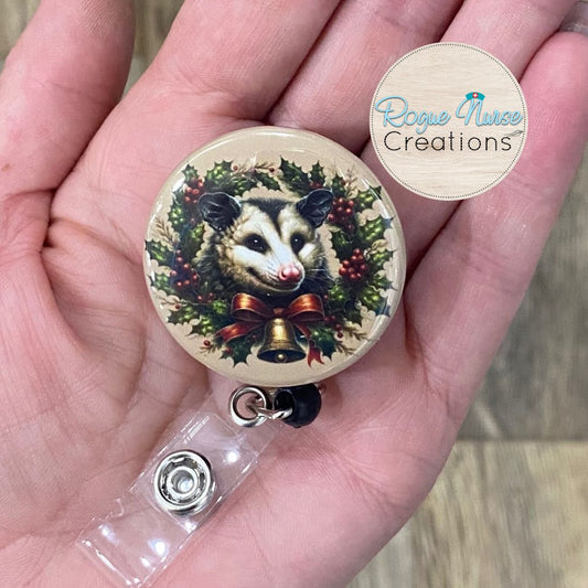 Holiday Wreath Opossum Button Style Retractable Badge Reel, Beige Background, Christmas Opossum Button Badge Holder, Holiday Badge Buddy