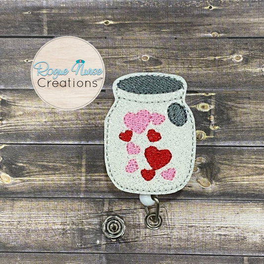 Jar of Hearts, Embroidered Valentines Day White Sparkle Glitter Valentines Day Retractable Badge Reel, Nurse Teacher Badge Buddy