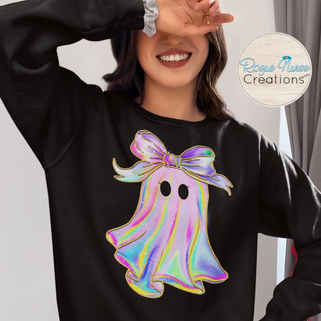 Iridescent looking Ghost with Bow Graphic T-Shirt, Nurse Crew T-Shirt, Nurse T-Shirt, Nurse Gift, Cute Nurse Ghost Halloween Shirt,