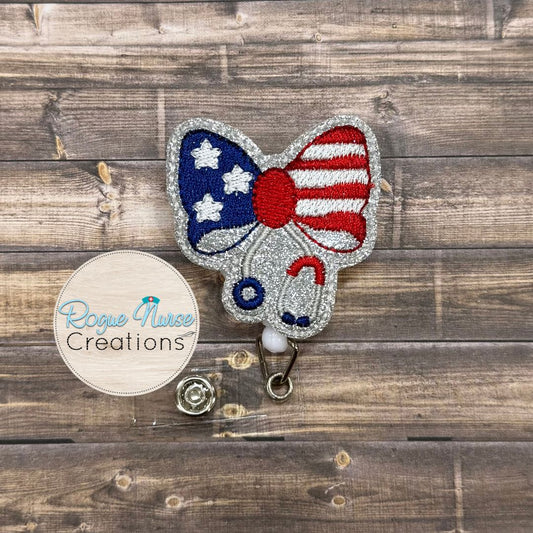 Fourth of July Patriotic Bow with Stethoscope Embroidered Retractable Badge Reel, Silver Glitter with Red and Blue Stitching, Holiday Badge