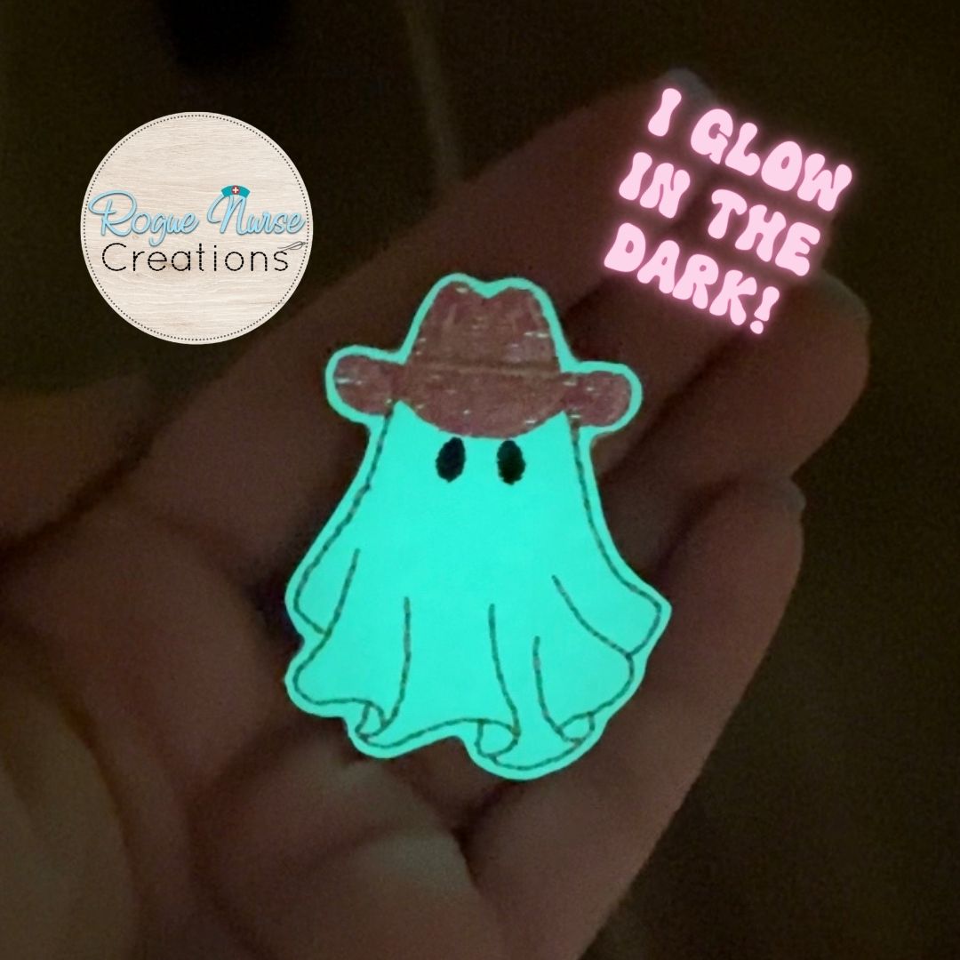 Western Glow in the Dark Ghost Wearing a PINK Hat, Halloween Retractable Badge Reel, Cowboy Hat Wearing Ghost. MRI Safe Badge Reel Option