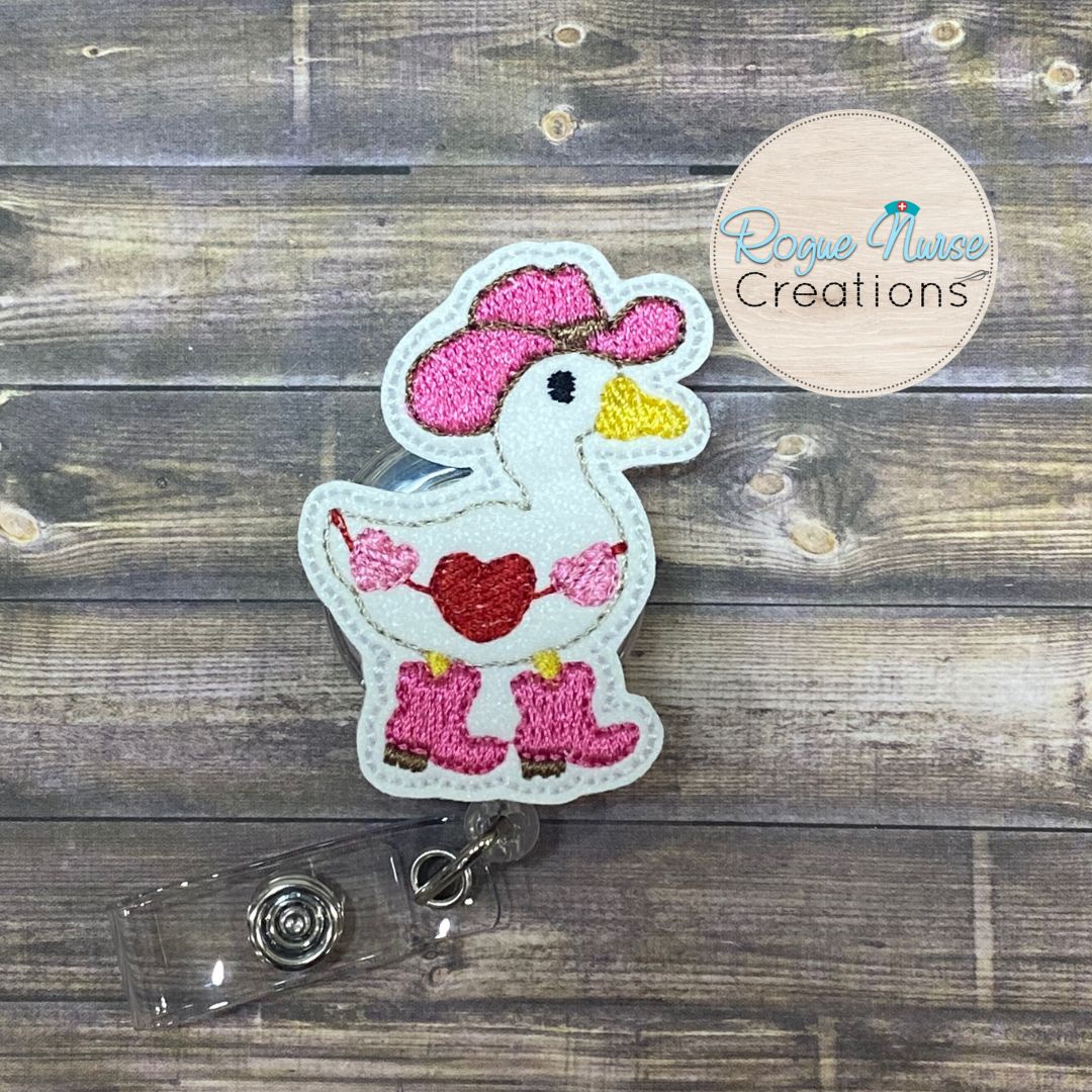 Valentines Day Goose, Wearing a Cowboy Hat and Boots. Embroidered Valentine Retractable Badge Reel, Silly Goose Valentine Day Badge Reel