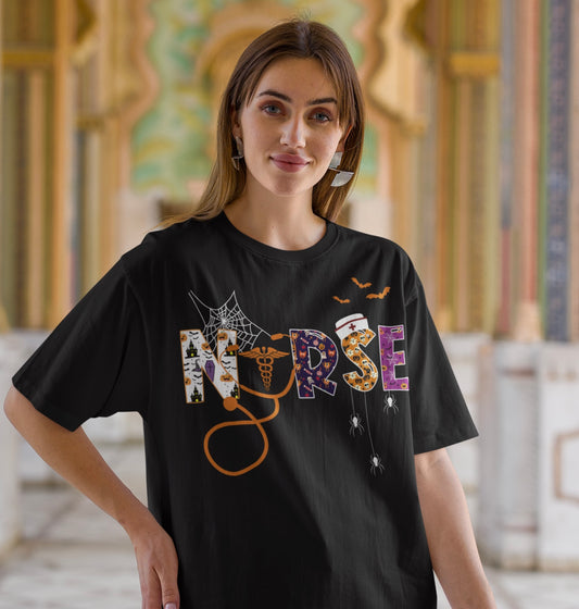 Halloween NURSE  Graphic T-Shirt, Spooky Nurse T-Shirt, Spider Webs, Bats, Stethoscope Nurse Graphic T-Shirt