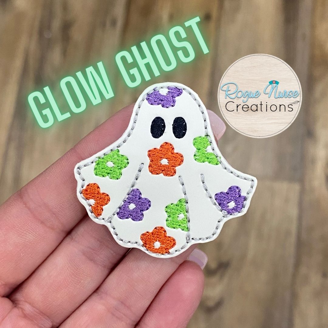 GLOW Embroidered Ghost Wearing a floral Sheet Retractable Badge Reel, Halloween Badge Reel, Friendly Ghost, MRI Safe Badge Option