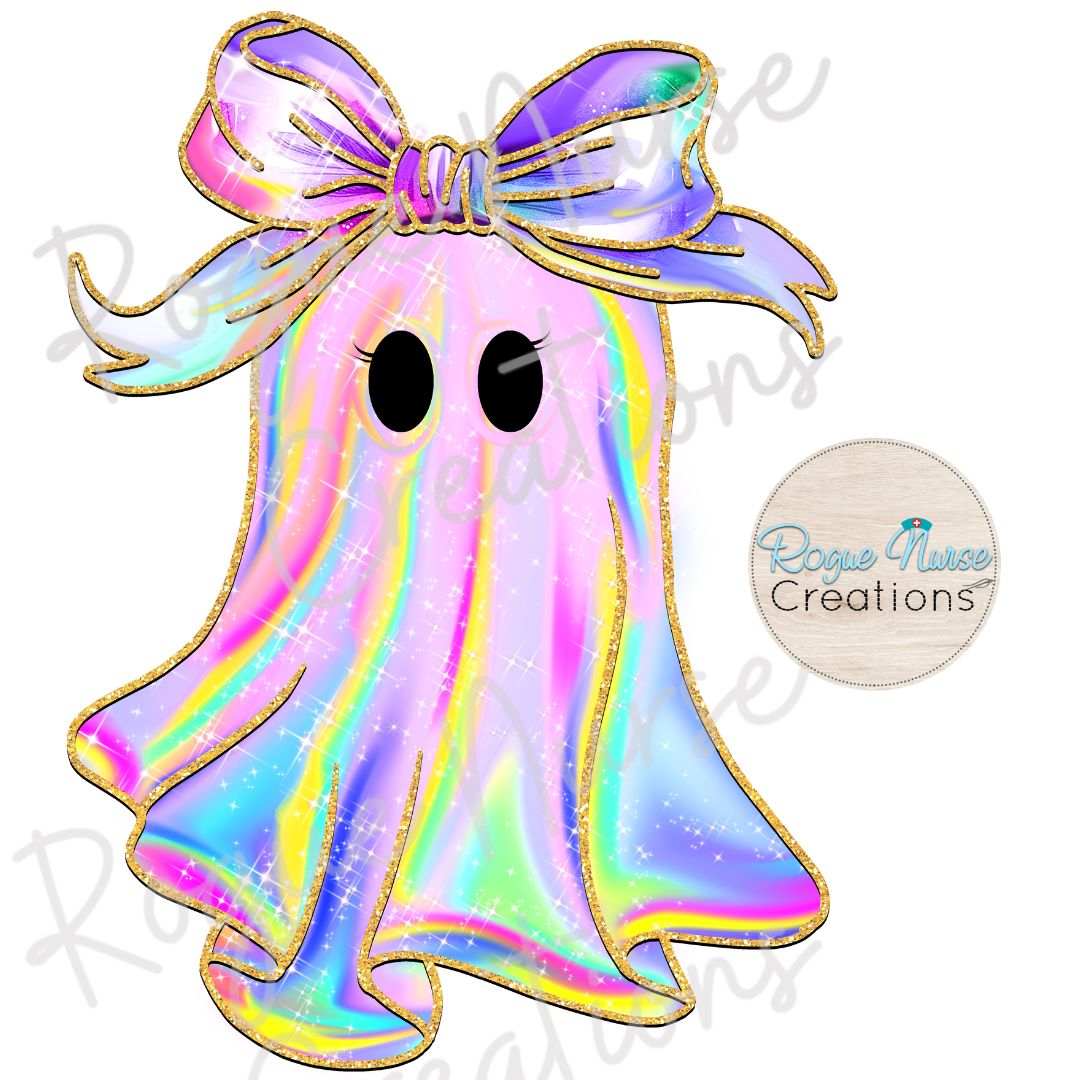 Iridescent looking Ghost with Bow Graphic T-Shirt, Nurse Crew T-Shirt, Nurse T-Shirt, Nurse Gift, Cute Nurse Ghost Halloween Shirt,