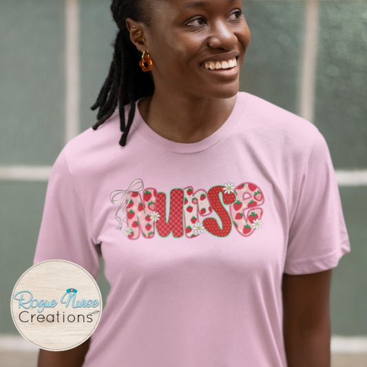 Strawberry Nurse Graphic T-shirt, faux appliqué printed Nurse Shirt
