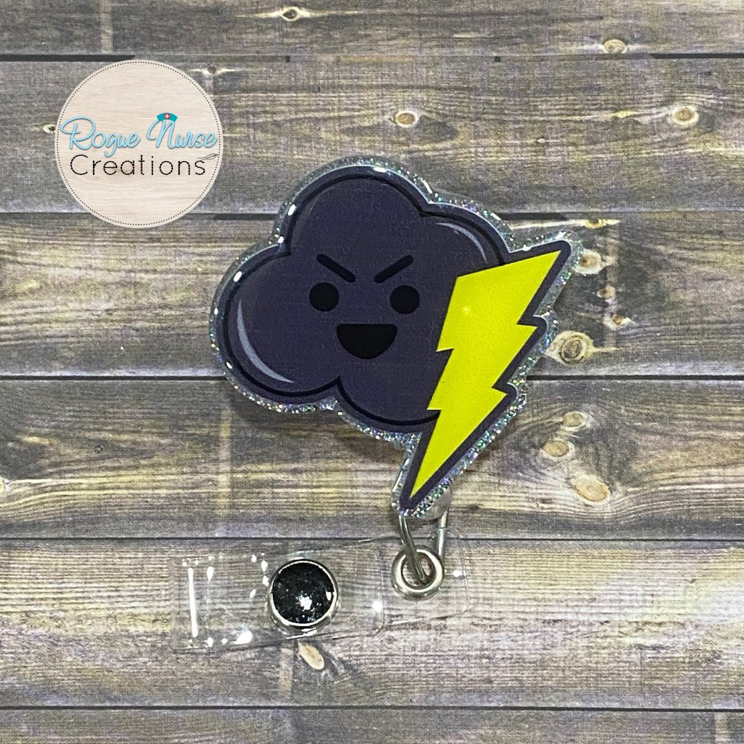 Black Cloud with Yellow Lightning Bolt Acrylic/Epoxy Retractable Badge Reel, Black Cloud of the Department Badge Reel