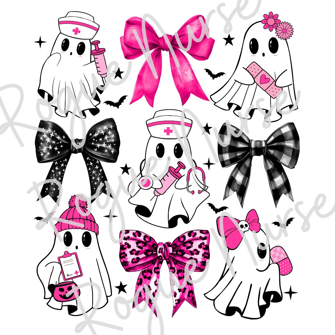 Nurse Ghost with Pink and Black Bows Graphic T-Shirt, Nurse Crew T-Shirt, Nurse T-Shirt, Nurse Gift, Cute Nurse Ghost Halloween Shirt