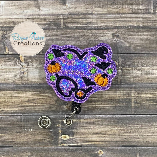 Purple Glitter Halloween Stethoscope Retractable Badge Reel With Bats and Pumpkins, Embroidered Badge Buddy, MRI Safe Badge Reel Option