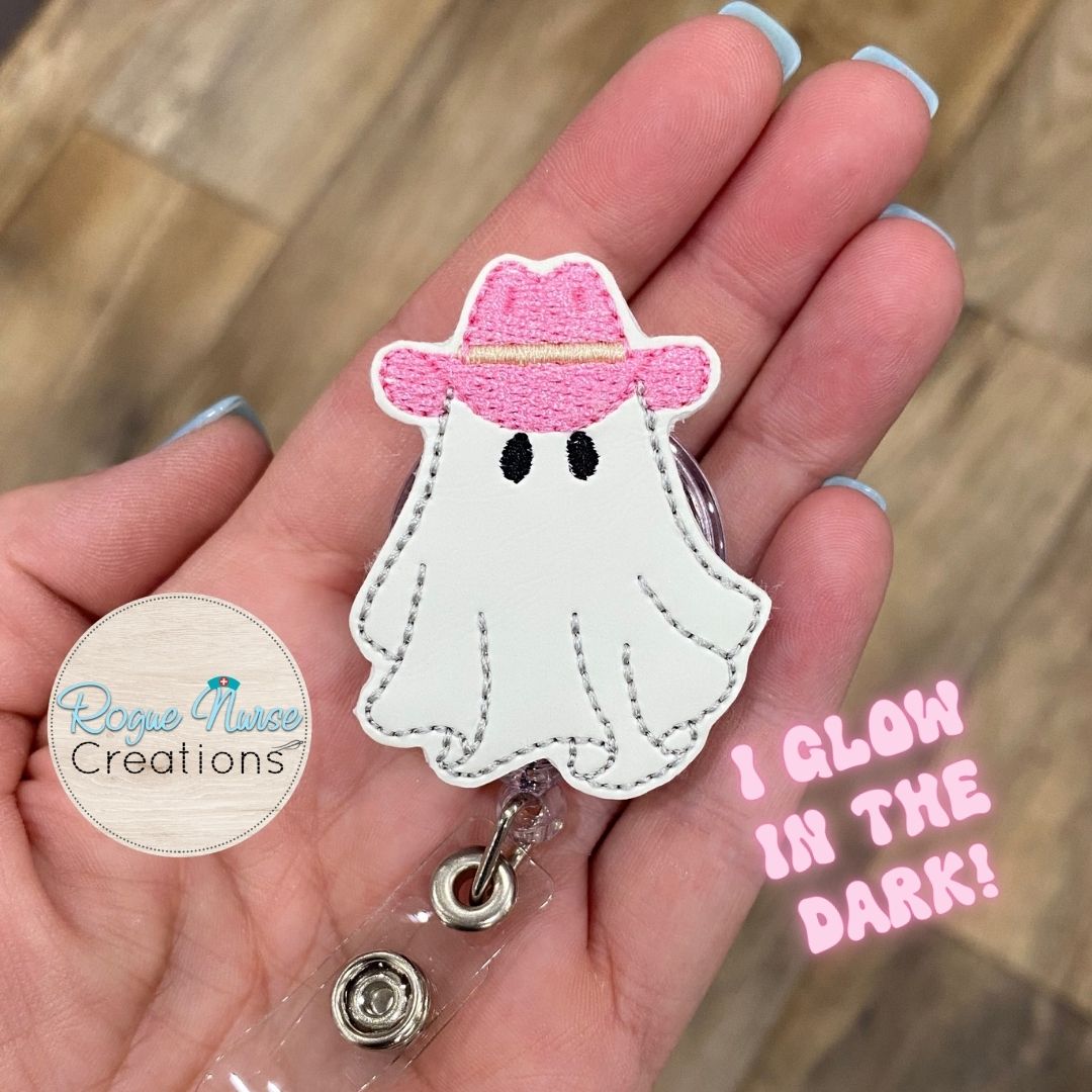 Western Glow in the Dark Ghost Wearing a PINK Hat, Halloween Retractable Badge Reel, Cowboy Hat Wearing Ghost. MRI Safe Badge Reel Option