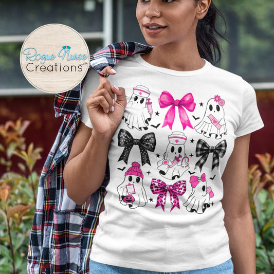 Nurse Ghost with Pink and Black Bows Graphic T-Shirt, Nurse Crew T-Shirt, Nurse T-Shirt, Nurse Gift, Cute Nurse Ghost Halloween Shirt