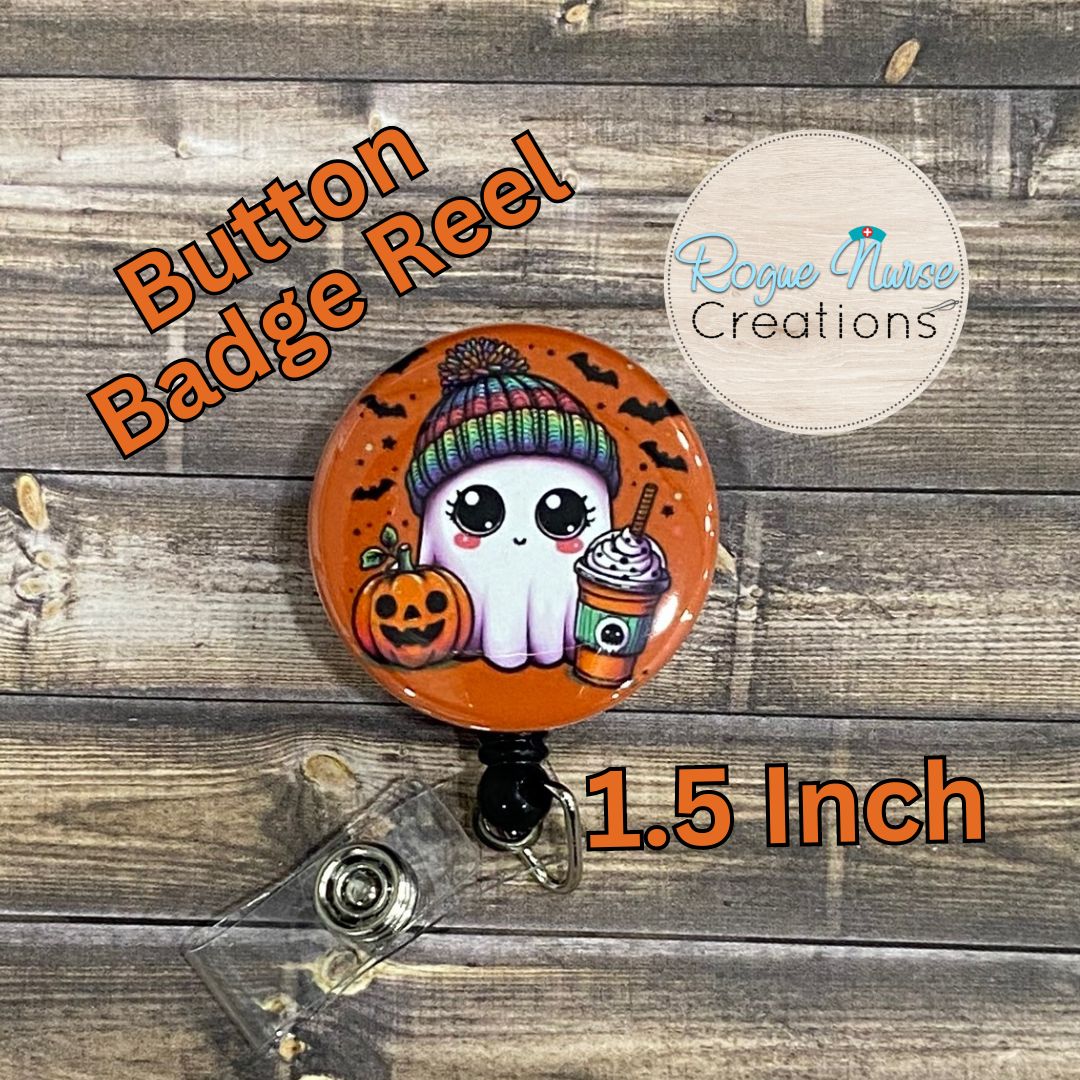 Ghost Wearing a Colorful Beanie, Holding a Pumpkin and ICE Coffee on an ORANGE Background Button Style Retractable Button Badge Holder, Halloween Badge Reel, Cute Ghost Badge Holder