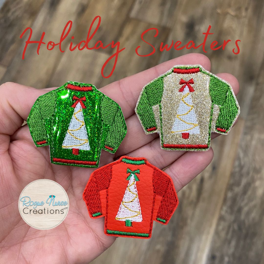 Holiday Sweater Retractable Badge Reel, Matte Red, Glitter Green or Glitter Gold Sweater with a White Holiday Tree and Textured Sleeves.